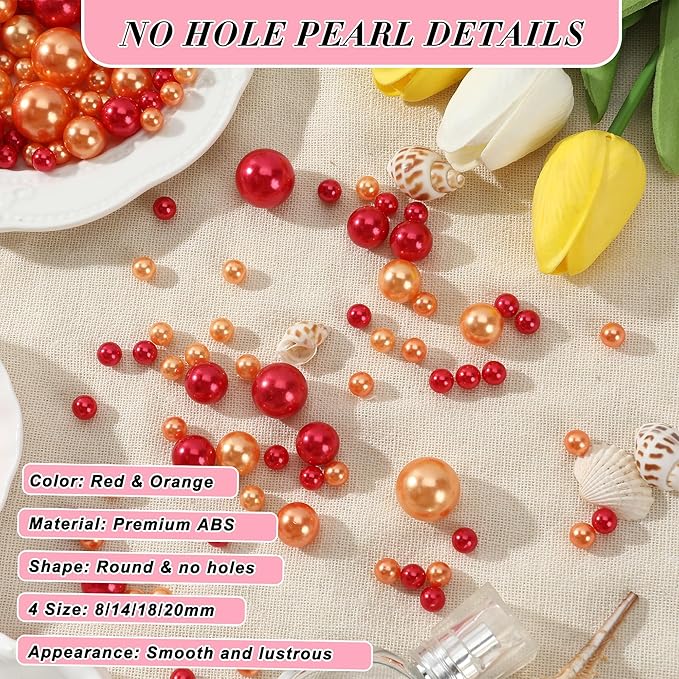 Pearl Beads No Hole Pearls for Crafting 180 Pcs Fake Pearls Faux Pearls for DIY Crafts Jewelry Making Vase Filler Floating Candle Wedding Birthday Party Home Decorations (Red & Orange, 8/10/14/20mm)