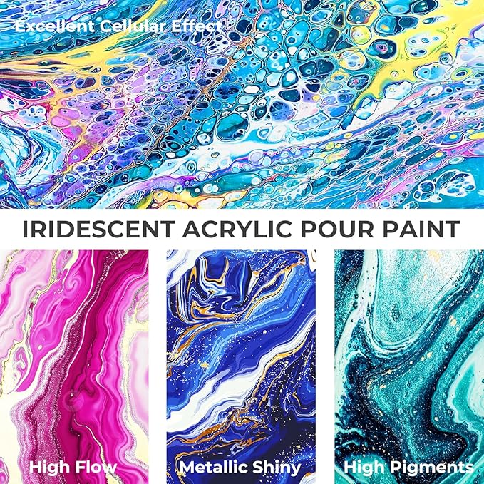 Nicpro 20 Colors Iridescent Metallic Acrylic Pour Paint Supplies Kit, 8.45oz Large Ready to Pour Premixed High Flow Pouring Paint Set with Silicone Pouring Oil, Gloves, Instructions for Beginner DIY