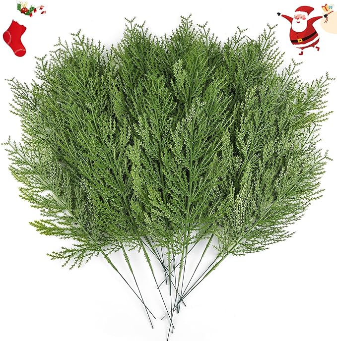 Hananona 40 Pcs Artificial Cedar Picks Faux Cedar Branches Fake Cypress Stems Plastic Pine Greenery Christmas Picks and Sprays DIY Accessories for Crafts Wreath Holiday Home Decor (40, Green)
