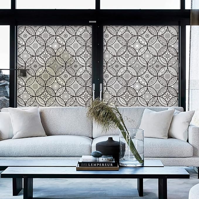 DKTIE Boho Stained Glass Look Window Privacy Film with Installation Tools, Decorative Frosted Glass Window Film Static Cling No Glue Removable, Pure Black, 35.4" x 118.1"