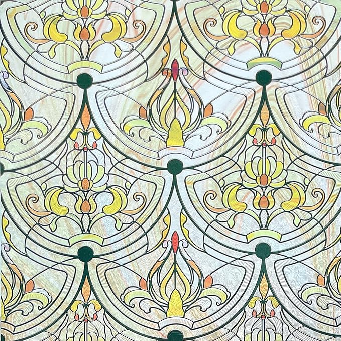 3D Stained Glass Window Film, Decorative Window Privacy Film for Bathroom,Front Door,Home, Sun Blocking Heat Control,Static Cling, Golden Ironwork 17.5inch x 47.24inch