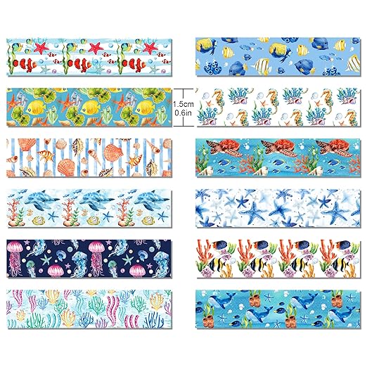 Ocean Washi Tape Set 12 Rolls,Decorative Tape Washi Tape,Tropical Style Sea Animals Ocean Party Decorative Tape Sticker for Scrapbook Journal DIY Art Crafts Gift Wrapping