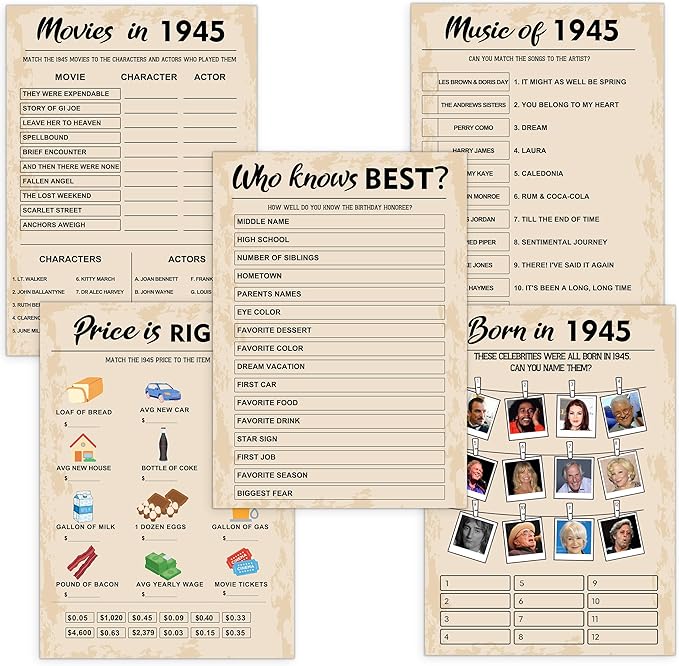 80th Birthday Party Games, Born in 1945 Games Bundle, Set of 5 Activities for 10 Guests, Birthday Party Supplies for Adults, Pack of 50 Cards