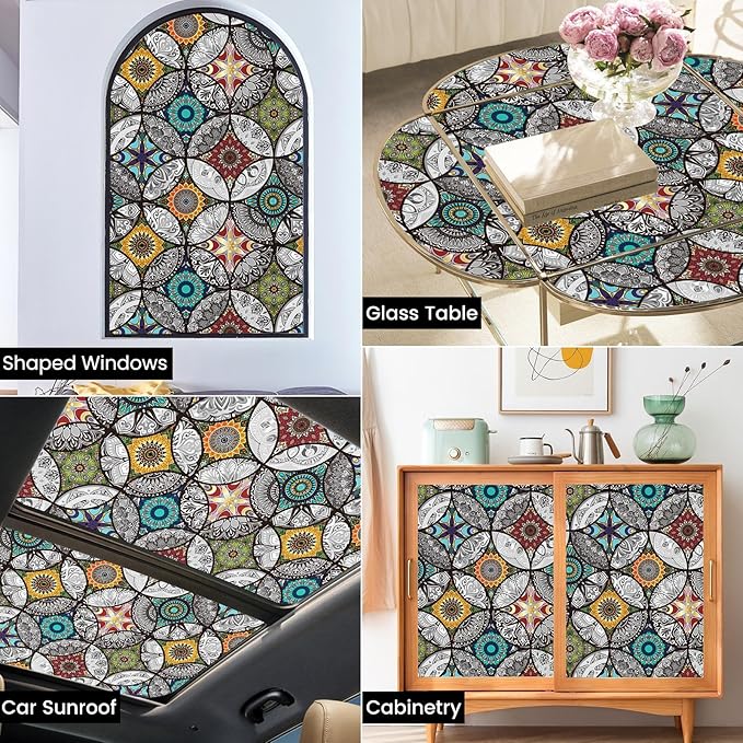 DKTIE Boho Chic Window Privacy Film with Installation Tools - Soften Light, Reduce UV Rays, Decorative Stained Glass Window Tinting Film for Home, 17.7 x 78.7 Inch