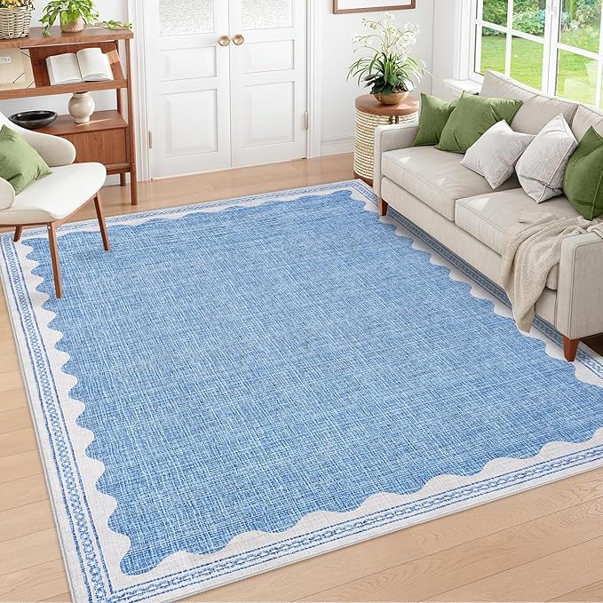 Scalloped Washable Rug 8x10 Area Rugs for Living Room, Solid Blue Rug for Bedroom Girls, Non Slip Throw Carpet with Rubber Back, Soft Dorm Nursery Scalloped 8x10 Rugs for Dining Room