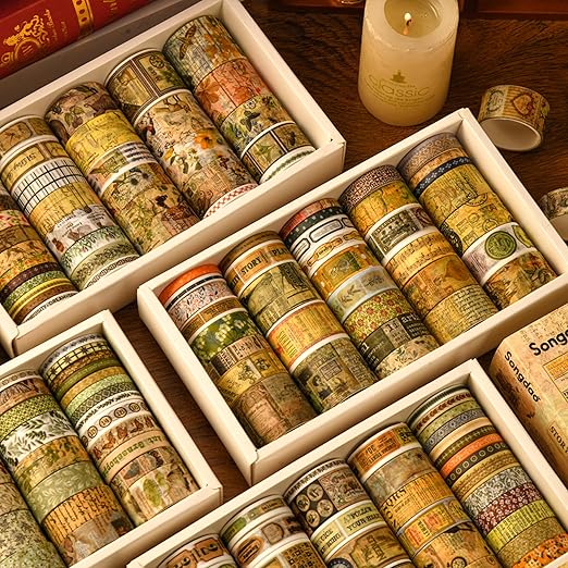 36 Rolls Vintage Washi Tape Pack Retro Arts Adhesive Tapes Wide Chronicle Decorative Masking Tape Sets for Craft, Kids, Scrapbook, DIY, Gift Wrapping (Duke Jorge)