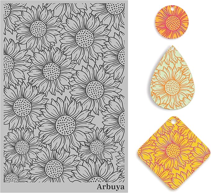 Arbuya Polymer Clay Sunflower Texture Sheets for Earring Jewelry Making, Clay Floral Texture Mat for Polymer Clay Projects Polymer Clay Stamps Earrings Tools