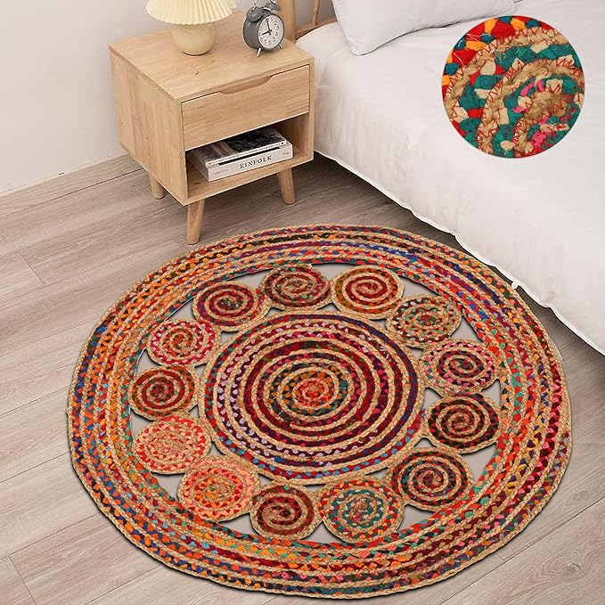 3' Round Handwoven Jute Chindi Area Rug - Colorful Boho Rugs for Living Room - Hand Braided Multicolor Bohemian Rug for Farmhouse, Bedroom, Dining Room, Classroom, Hallway, Kitchen, Office