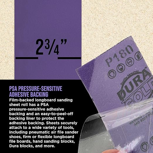 Dura-Gold Premium 180 Grit PSA Purple Film Ceramic Longboard Sandpaper, 2-3/4" Wide Continuous 20 Yard Roll - Self Adhesive Stickyback for Auto & Wood Air File Long Board Sanders, Hand Sanding Blocks