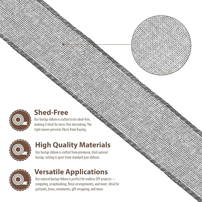 Mandala Crafts Gray Burlap Wired Ribbon 2.5 Inches Wide Jute Ribbons for Crafts - 10 Yds Roll Rustic Burlap Wrap Trim Ribbons for Wreaths Bows Party Decoration
