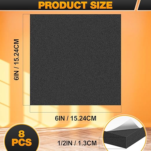 MYFAMIREA 8 PCS Adhesive Foam Padding Sheets Closed Cell Self Adhesive Sticky Foam Pads, 1/2" Thick 6'' x 6'' Neoprene Rubber Sheets Non-Slip Insulation Pads Vibration for Furniture Crafts Cars, Black