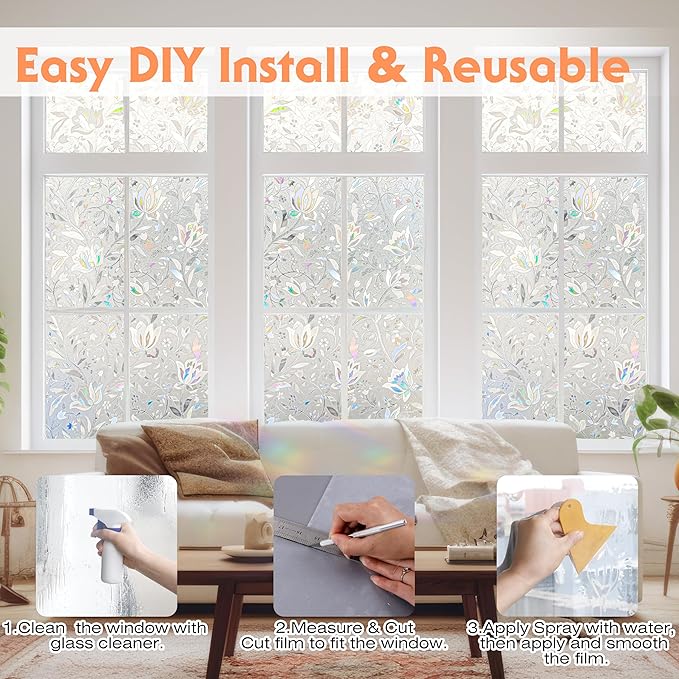 Hilarious Tulip Window Cling, Stained Glass Static Stickers Decorative for Windows, Removable Window Covering Vinyl, Non-Adhesive Stickers (29.5'' x 78.7'')