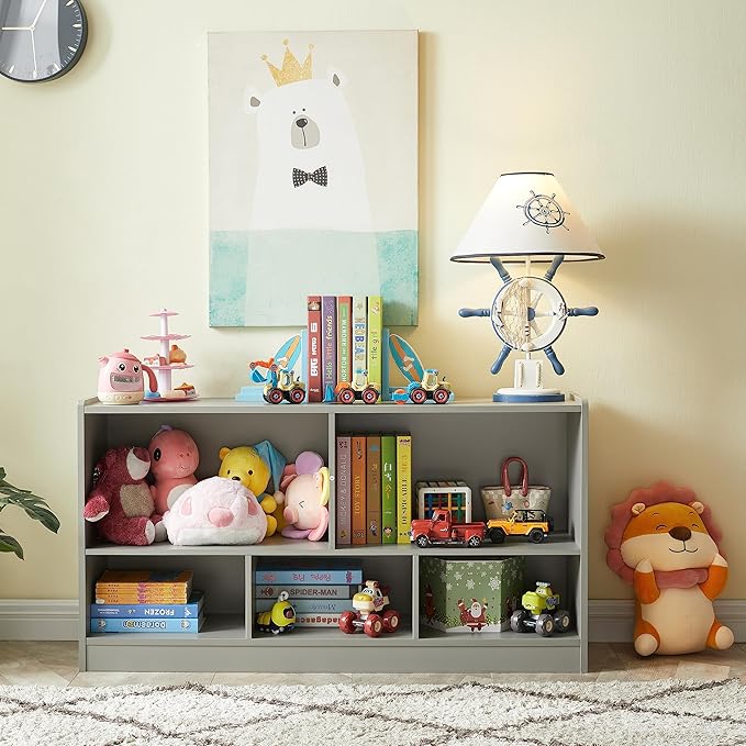 Toy Organizers and Storage, 5-Section Kids Bookshelf for Organizing Books Toys, School Classroom Wooden Storage Cabinet for Children's Room, Playroom, Nursery (Grey)