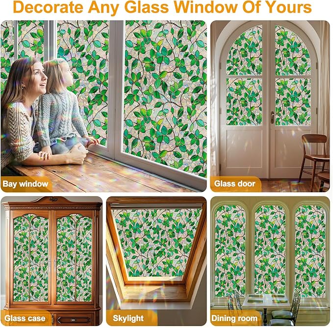 Window Privacy Film Stain Glass Window Film Rainbow Window Film Window clings Non-Adhesive Reusable Decorative for Room (Greenery Leaf, 35.4 x 78.7 in)