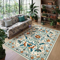 Morebes Washable Floral 8x10 Area Rugs for Living Room, Soft Insect Rug for Bedroom Non Slip, Ultra-Thin Distressed Birds Indoor Floor Throw Carpet for Classroom Playroom Farmhouse, Beige/Multi