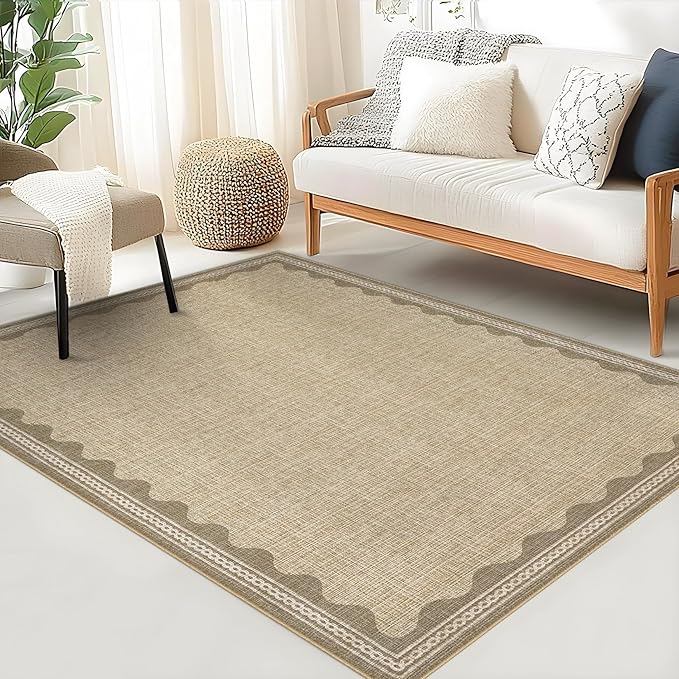 Scalloped 3x5 Rugs for Entryway, Small Area Rug Solid Jute Rug for Bedroom Girls, 3x5 Washable Rugs for Living Room, Non Slip Scalloped Bath Mat, Soft Dorm Nursery Carpet for Bedside