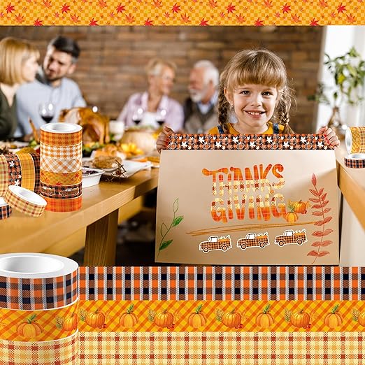12 Rolls Fall Washi Tape, Thanksgiving Autumn Maple Leaves Pumpkin Plaids Masking Washi Tape 15mm, Thanksgiving Harvest Decorative Tape Sticker for Scrapbook, Journal, DIY Craft, Gift Wrapping
