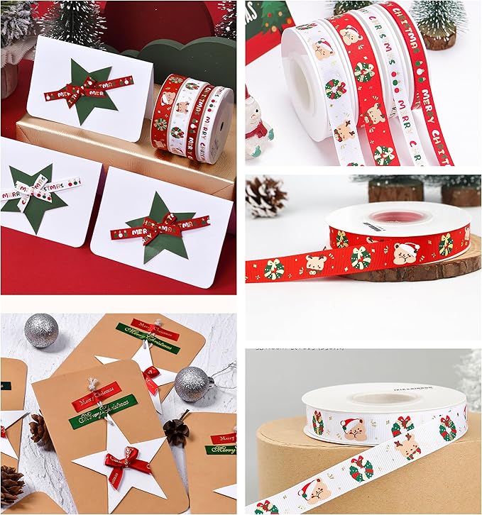 Christmas Gift Wrapping Ribbon, Red, Green, 2 Rolls Printed Grosgrain Ribbons for Crafts, Floral Bouquets, Sewing, Party and Festive Holiday Decor (2 Rolls(White/Red), 1 Rolls=5/8in * 5Yards)