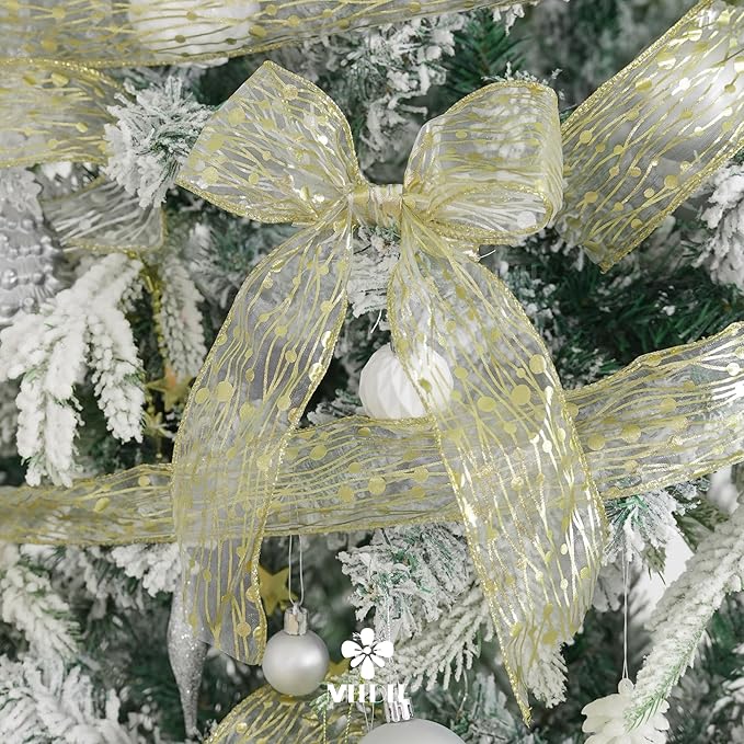 MEEDEE Gold Wired Ribbon - 2.5 Inch Sheer Organza With Horizontal Stripes and Polka Dots - 25 Yards for Gift Wrapping, Garland
