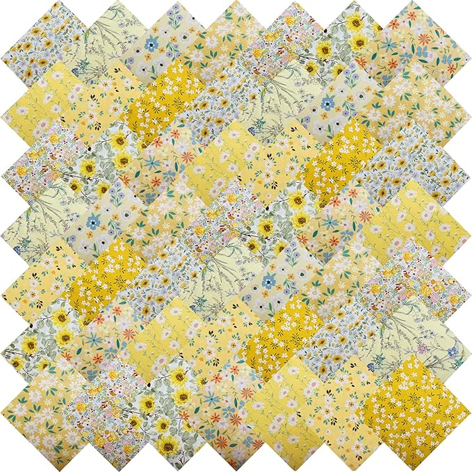 HANPATQUI 50PCS 10 x 10 inch Yellow Printed 100% Cotton Fat Quarters Fabric for Sewing and Quilting Bundles Precut Fabric Square for DIY Craft Patchwork