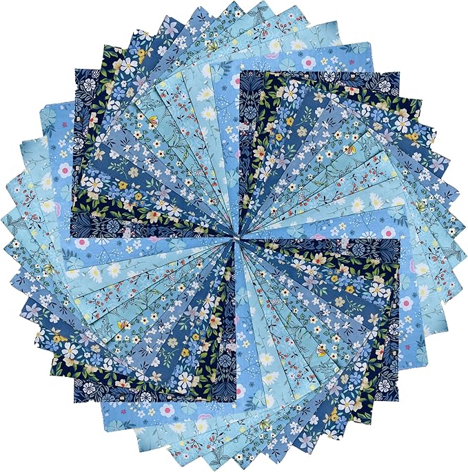 HANPATQUI 50PCS 5 x 5 inch Blue Printed 100% Cotton Fat Quarters Fabric for Sewing and Quilting Bundles Precut Fabric Square for DIY Craft Patchwork