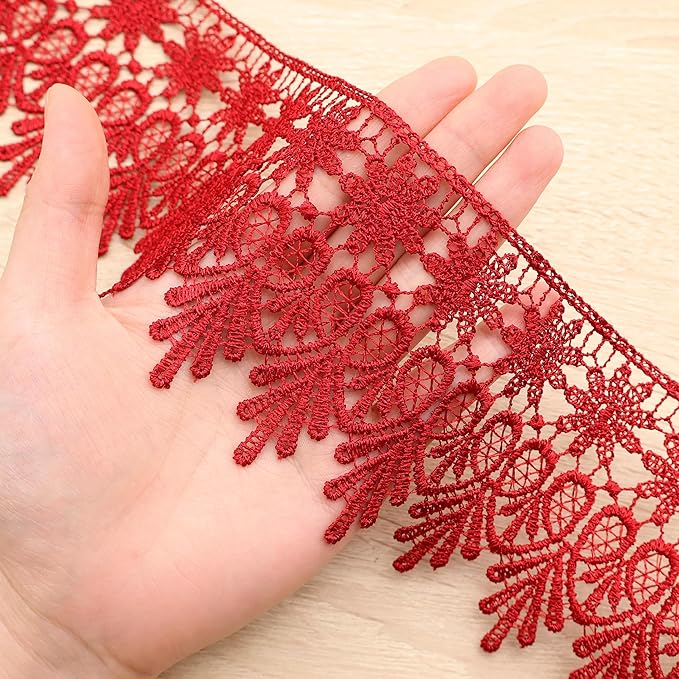 GXTIZAS Burgundy Lace Trim 5 Yards Wide Venise Lace Ribbon Embroidered Edge Trim for Sewing Crafts Pillow Case