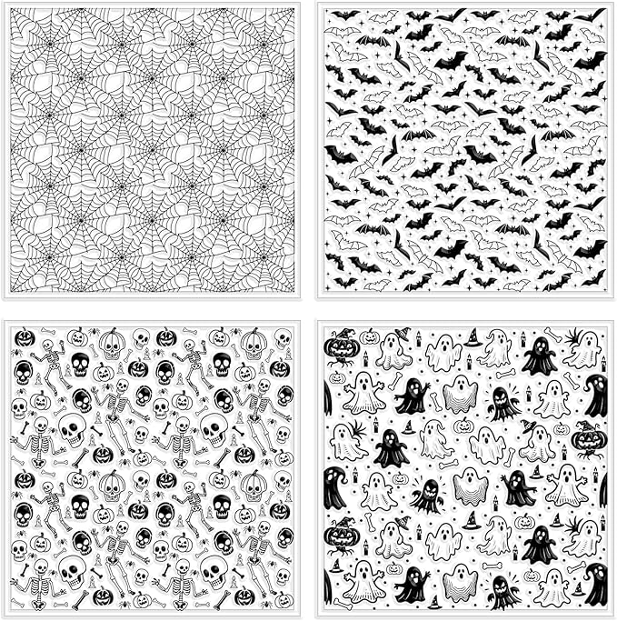 CHGCRAFT 4 Pcs Halloween Elements Polymer Clay Texture Sheets Ghosts Silicone Texture Stamp Skeletons Clay Texture Mat Modeling Pattern Pad Sheets for Jewelry and Earrings Tools, 5.5x5.5 inch