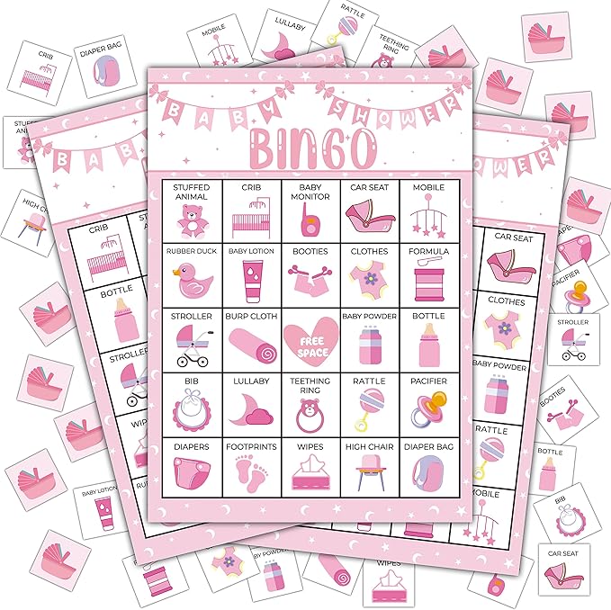 Pink Shower Party Bingo Cards, Shower Bingo Game, Shower Party Games for Adults, Gender Reveal Party Games Favors Supplies Decorations, 24 Players Bingo Game (A03)