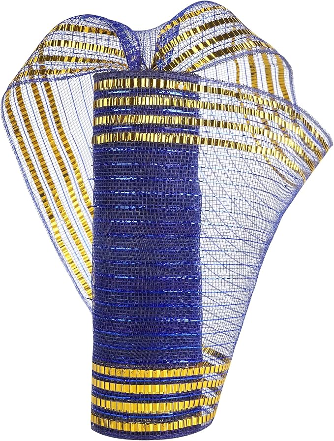 MEEDEE Navy Deco Mesh 10 Inch Deluxe Wide Foil Gold Border Mesh Metallic Mesh Fabric Navy Blue & Gold Mesh Ribbon for Christmas Tree, Wreaths, Garland, Gift Wrapping, Bows Making (30 Feet)