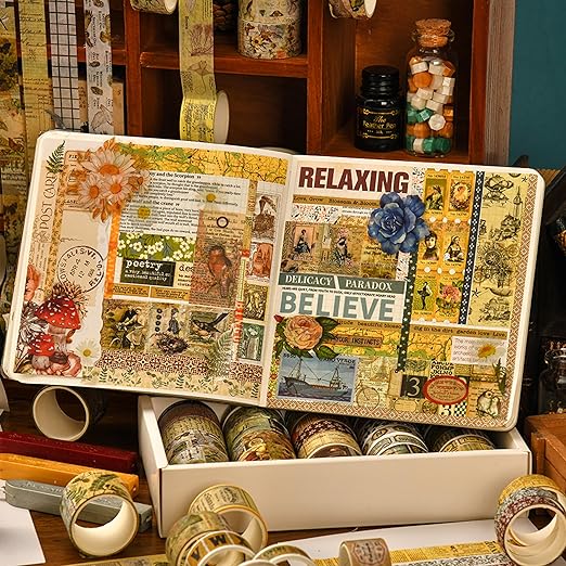 36 Rolls Vintage Washi Tape Pack Retro Arts Adhesive Tapes Wide Chronicle Decorative Masking Tape Sets for Craft, Kids, Scrapbook, DIY, Gift Wrapping (Soul Songs)