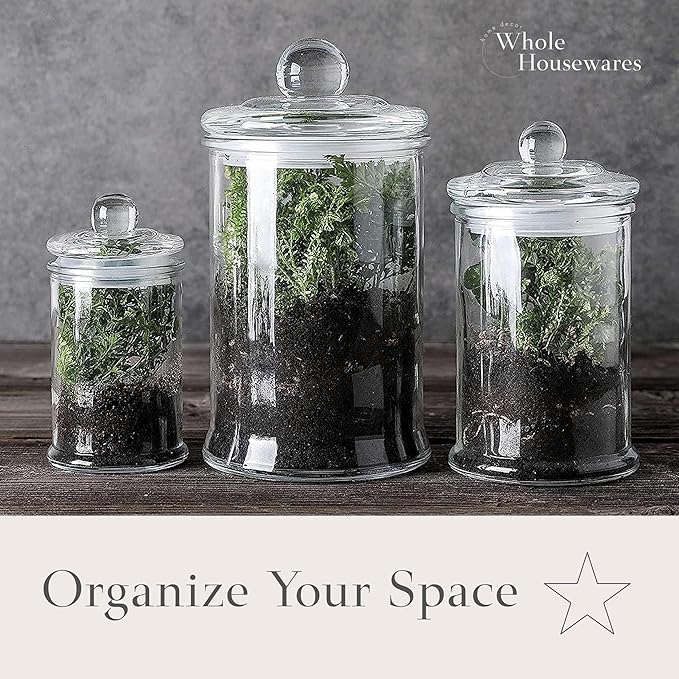 Whole Housewares - Set of 3 Bathroom Canisters - Storage Container Jars - Premium Glass Apothecary Jars with Lids - Small Glass Jar for Kitchen or Bathroom Storage - Decorative Crystal Containers
