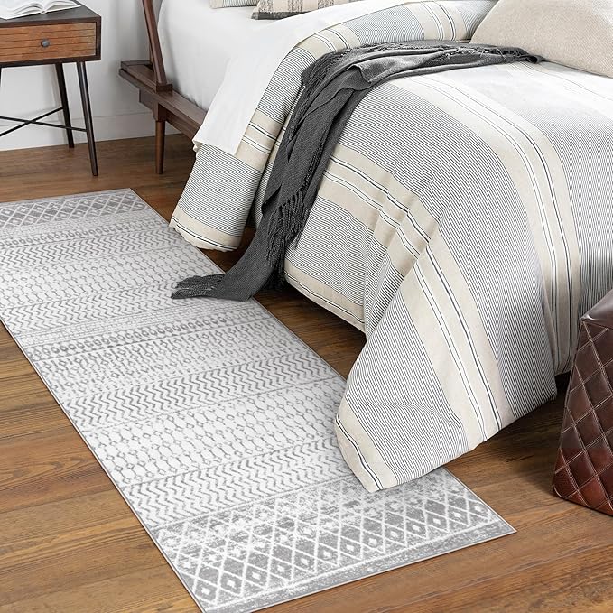 Moroccan Washable Runner Rug, 2x5 Ultra Soft Non-Slip Hallway Rug, Low Pile Distressed Gray Bathroom Rugs Carpet Runner for Entryway Kitchen Bedroom Laundry Room