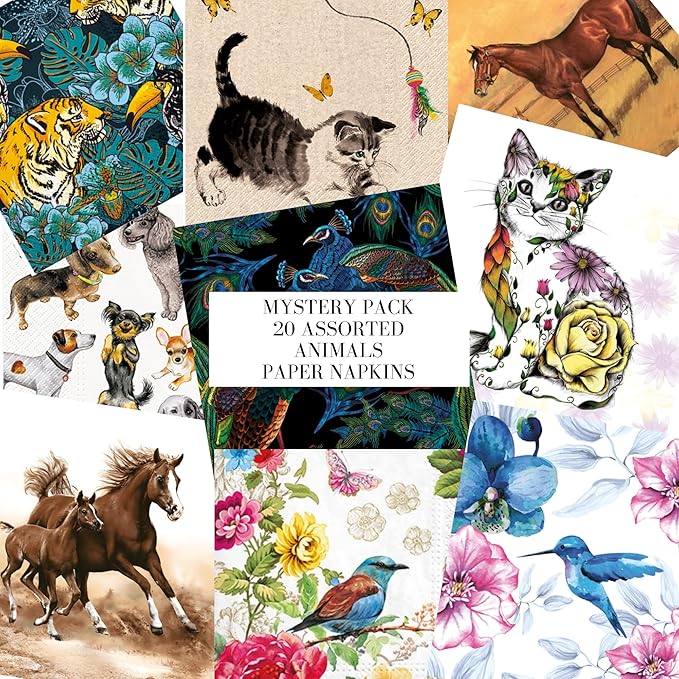 Mystery Pack Decoupage Paper Napkins, 20-ct Assorted Surprise Napkins, Decorative Napkins for Art Craft Junk Journal, Scrapbooking, 20 Different Animals Designs