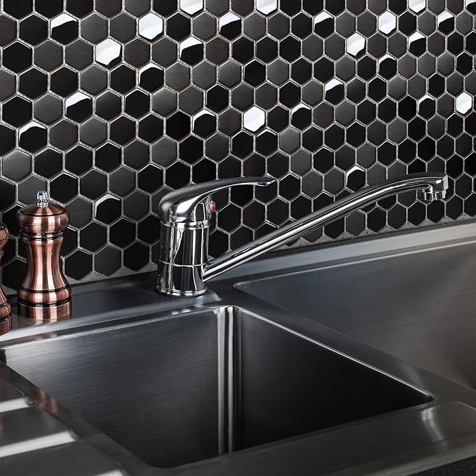 Blujellyfish Hexagon Black Tile Backsplash Metal Mosaic Wall Floor Tiles (Box of 5 Sheets)