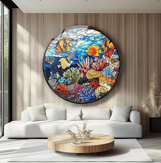 My Photostation.com 24''(60cm) Diameter Coral Reef Mosaic Round Glass Wall Art Tempered Glass Printing Wall Decor Large Wall Art Wall Hangings