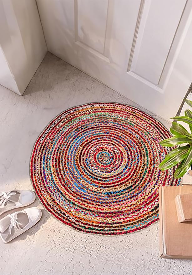 4' Round Handwoven Jute Chindi Area Rug - Colorful Boho Rugs for Living Room - Hand Braided Multicolor Bohemian Rug for Farmhouse, Bedroom, Dining Room, Classroom, Hallway, Kitchen, Office