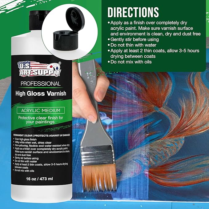 U.S. Art Supply 16 oz High Gloss Varnish for Acrylic Paintings - Clear Protective Finish with UV Protection