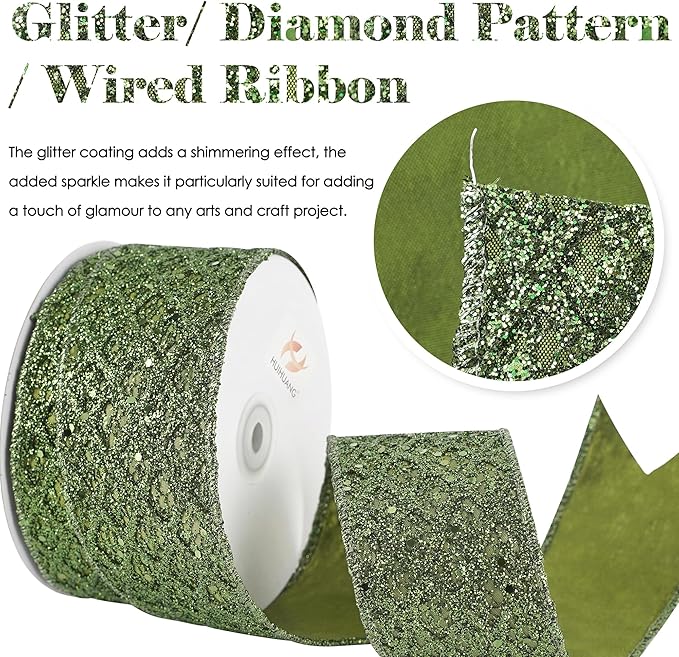 HUIHUANG Moss Green Wired Ribbon for Christmas Tree 2.5 inch Glitter Moss Diamond Mesh Ribbon for Tree Decoration, Wreaths, Garland, Gift Wrapping, Bows Making, Thanksgiving Decor -10 Yards