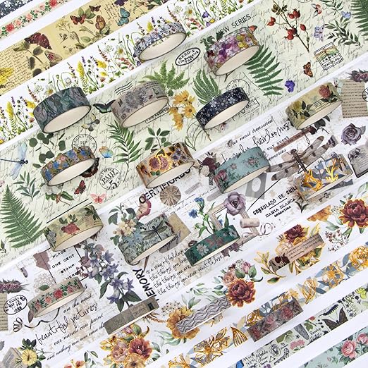 37 Rolls Vintage Washi Tape Set - Decorative Tape Floral Butterfly Mushroom Botanical,Adhesive Tape for Journaling Supplies,Scrapbooking,Junk Journal Supplies5/8/10/15/30/75mm Wide9.84ft Long/Roll