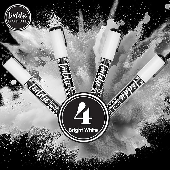 Loddie Doddie Liquid Chalk Markers - Pack of 4, White, 6mm Tip - Versatile on Glass & Mirrors with Glass Markers - Dual Bullet & Chisel Tip with Chalk Pens - Non-Toxic Quick Erase with Window Paint