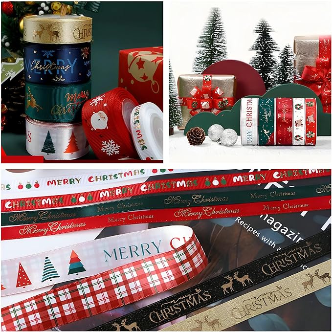 Christmas Gift Wrapping Ribbon, Red, Green, 2 Rolls Printed Grosgrain Ribbons for Crafts, Floral Bouquets, Sewing, Party and Festive Holiday Decor (2 Rolls(Blue/Red), 1 Rolls=1in * 5Yards)
