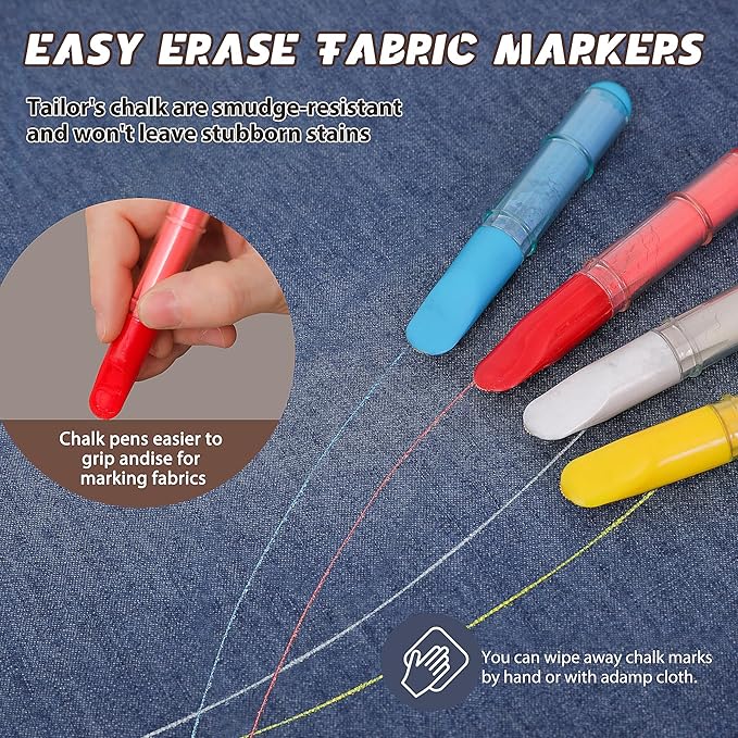 Fabric Chalk Markers for Sewing,Quilting,Crafting|Erasable Tailor’s Chalk|Work on Various Fabrics|Dosing Wheel Drawing Intricate Patterns Precise Lines-Per Pack(Red,Blue,White and 1 Ruler)