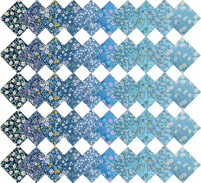 HANPATQUI 50PCS 12 x 12 inch Blue Printed 100% Cotton Fat Quarters Fabric for Sewing and Quilting Bundles Precut Fabric Square for DIY Craft Patchwork