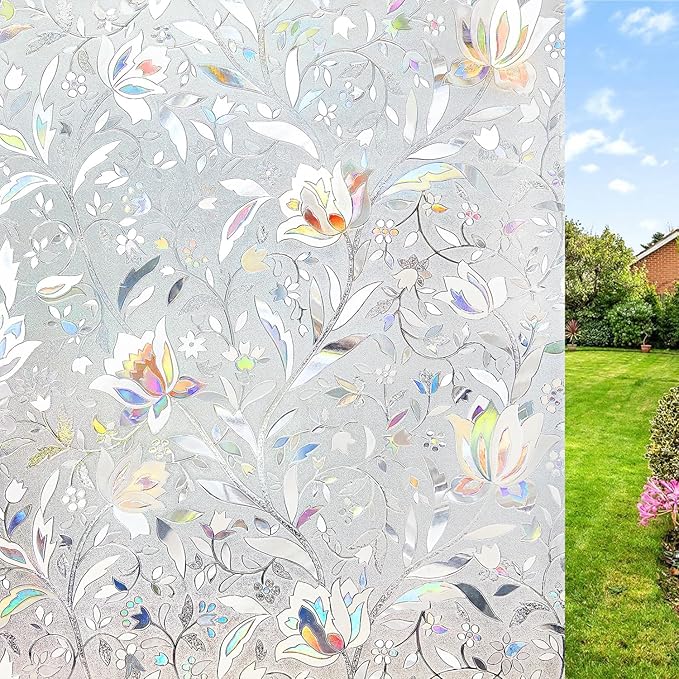 NINETREX Window Privacy Film,3D Stained Glass Window Film,Decorative Window Covering Sun Blocking Vinyl Static Cling Anti-UV Heat Control for Home Decor,Tulip 23.6 x 78.7inch