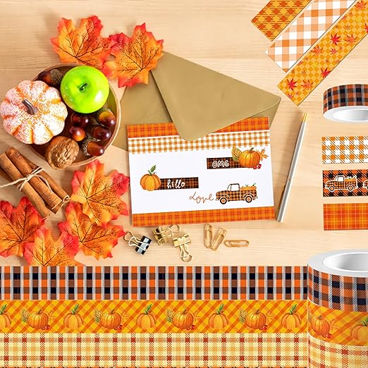 12 Rolls Fall Washi Tape, Thanksgiving Autumn Maple Leaves Pumpkin Plaids Masking Washi Tape 15mm, Thanksgiving Harvest Decorative Tape Sticker for Scrapbook, Journal, DIY Craft, Gift Wrapping