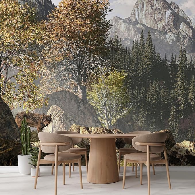 wall26 - Wolf Near a Lake in a Rocky Mountain Landscape. - Removable Wall Mural | Self-Adhesive Large Wallpaper - 66x96 inches