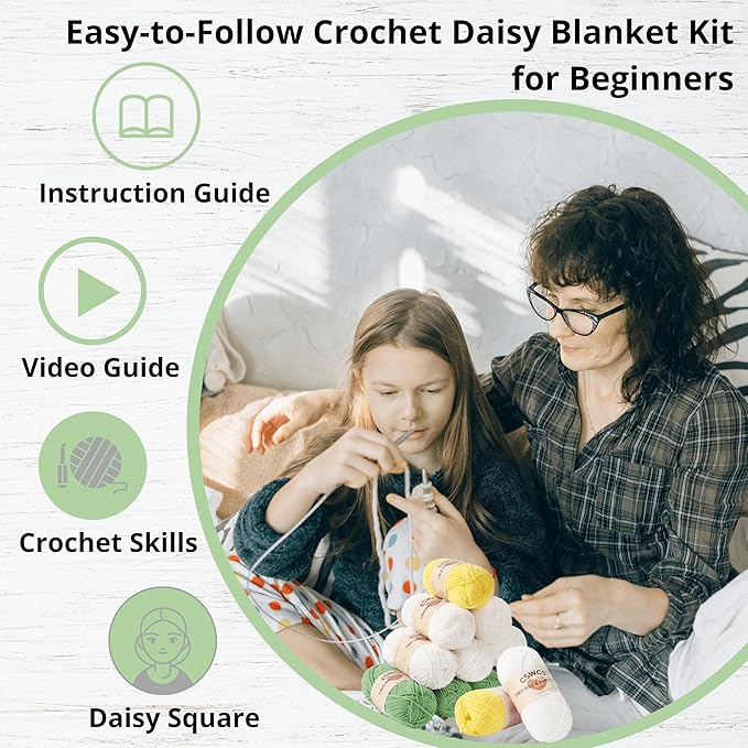 CSWCS Crochet Blanket Kit for Beginners, Daisy Granny Square Throw Kit for Adults, Easy Learn How to Knitting with Yarn & Hook, Complete Starter Set with Step-by-Step Instructions (39" x 31")