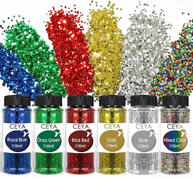 Ceya Bulk Chunky Glitter 6 Assorted Colors, 4.23OZ Each Jar Crafts Christmas Glitter, 1/24” Medium Size Nail Sequins for School Classroom Art,DIY Craft Slime Poster Card,Red,Blue,Silver,Gold,Green,Mix