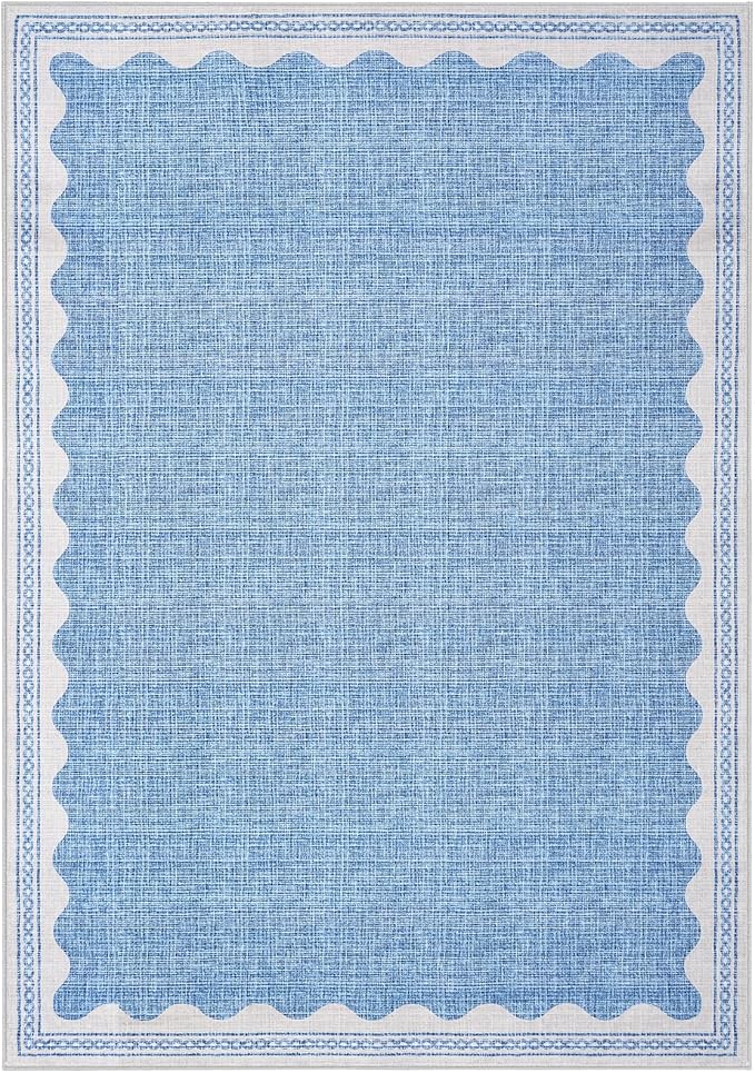 Scalloped Washable Rugs for Living Room, Solid Blue 6x9 Area Rugs for Bedroom Girls, Non Slip Scalloped Rug with Rubber Back, Soft Dorm Nursery 6x9 Rugs for Dining Room