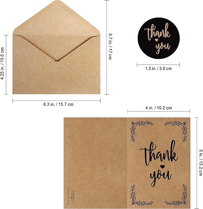 Thank You Cards With Envelopes - 160 Sets Premium Kraft Thank You Cards Bulk - TY Notes with 8 Graceful Designs - Floral Card for Celebration, Wedding, Baby & Bridal Shower 4x6